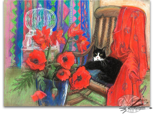 Black Cat and Poppies Still Life