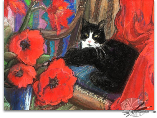 Black Cat and Poppies Still Life