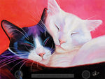 Load image into Gallery viewer, Colorful art print of two cats cuddling on a red and pink background
